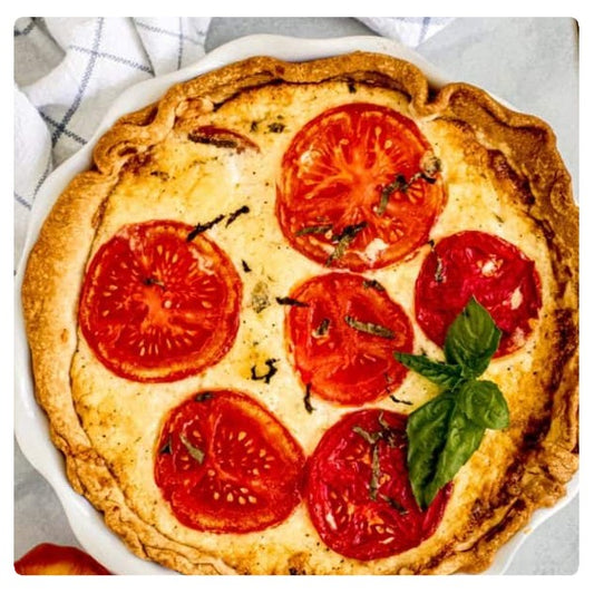 Tomato pie with cheddar cheese, mayo and basil